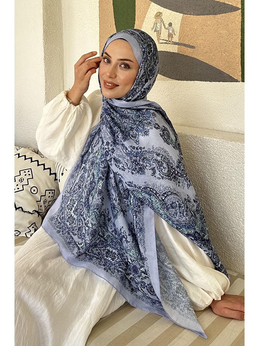 Retro Desen Soft Şal Bebe Mavisi-1