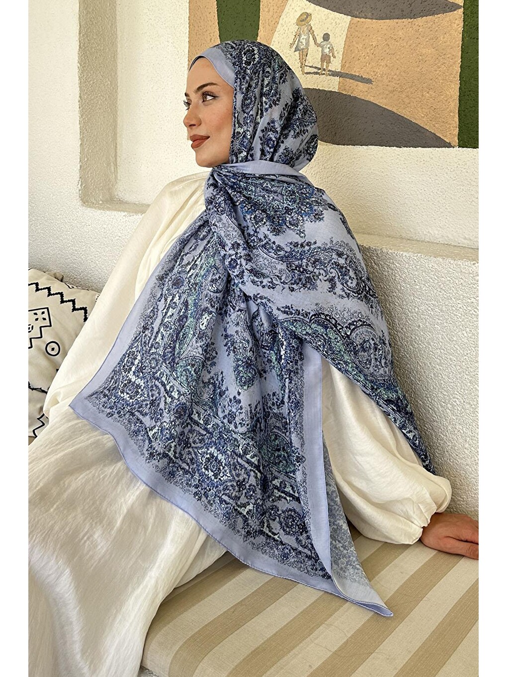 Retro Desen Soft Şal Bebe Mavisi-2