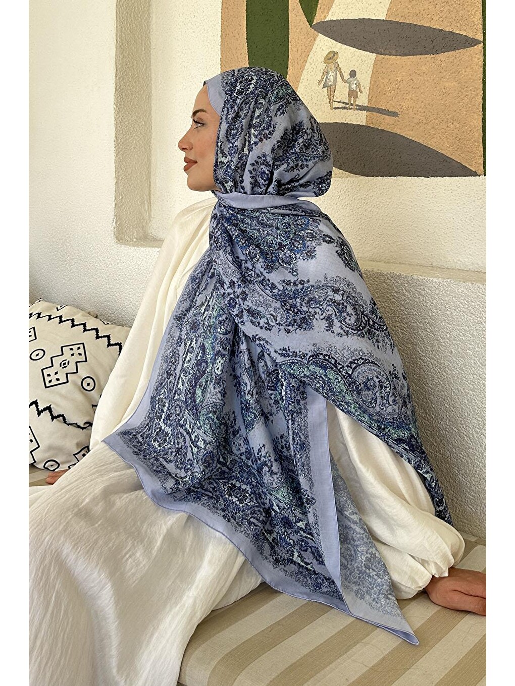 Retro Desen Soft Şal Bebe Mavisi-3