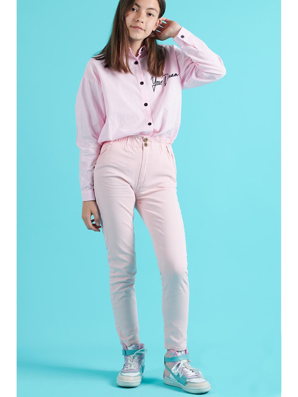 Pembe Kız Çocuk Beli Lastikli Keten Pantolon 8-16 Yaş 13805