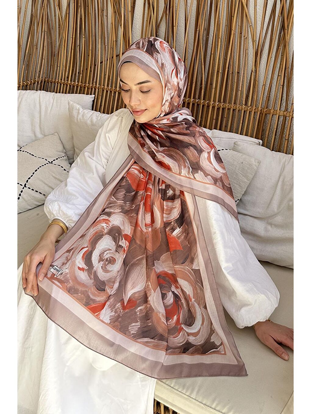 Bej Çiçek Desen Pamuk Şal Vizonrengi-2
