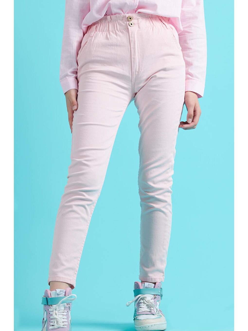 Pembe Kız Çocuk Beli Lastikli Keten Pantolon 8-16 Yaş 13805-1