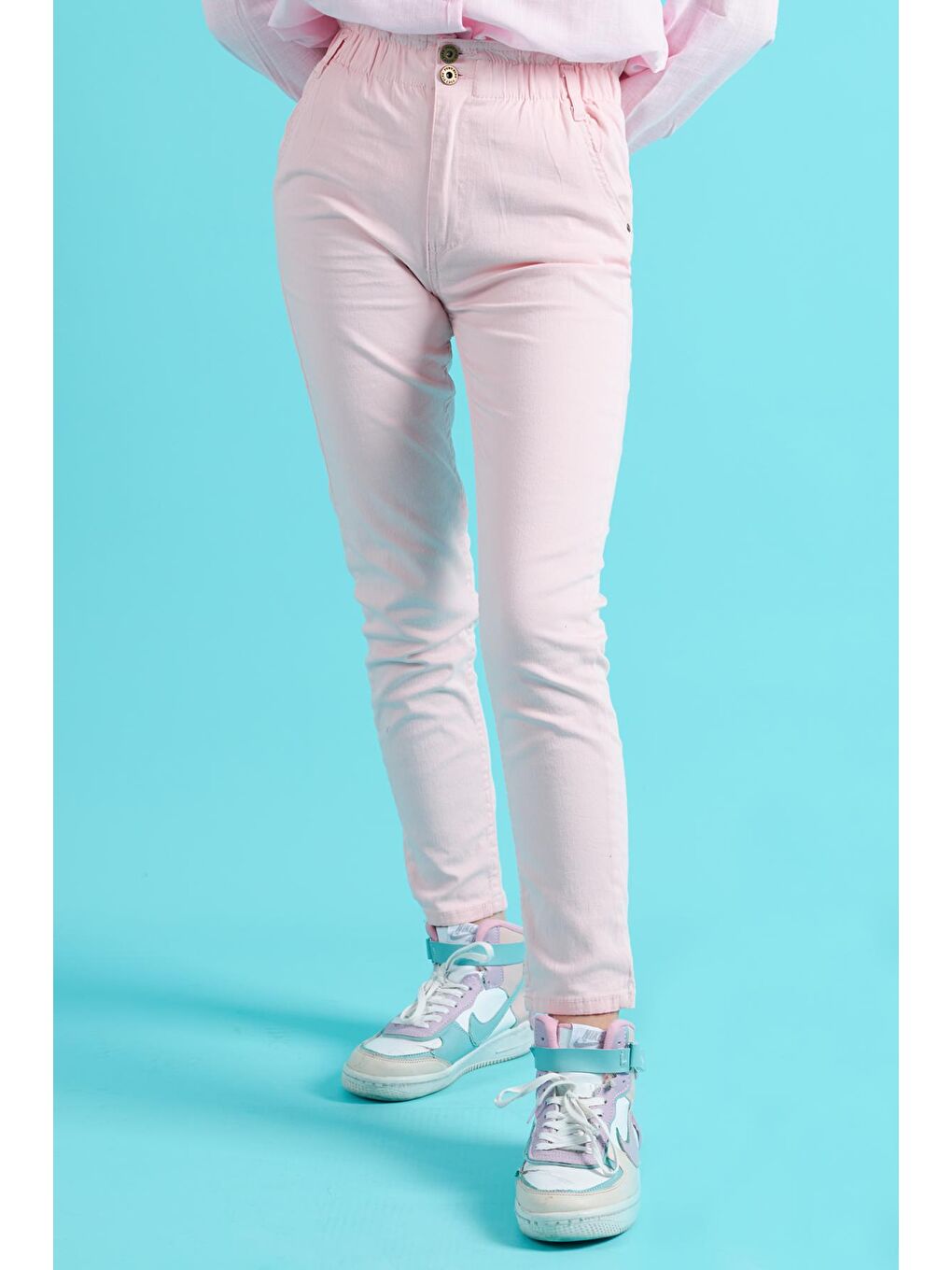 Pembe Kız Çocuk Beli Lastikli Keten Pantolon 8-16 Yaş 13805-2