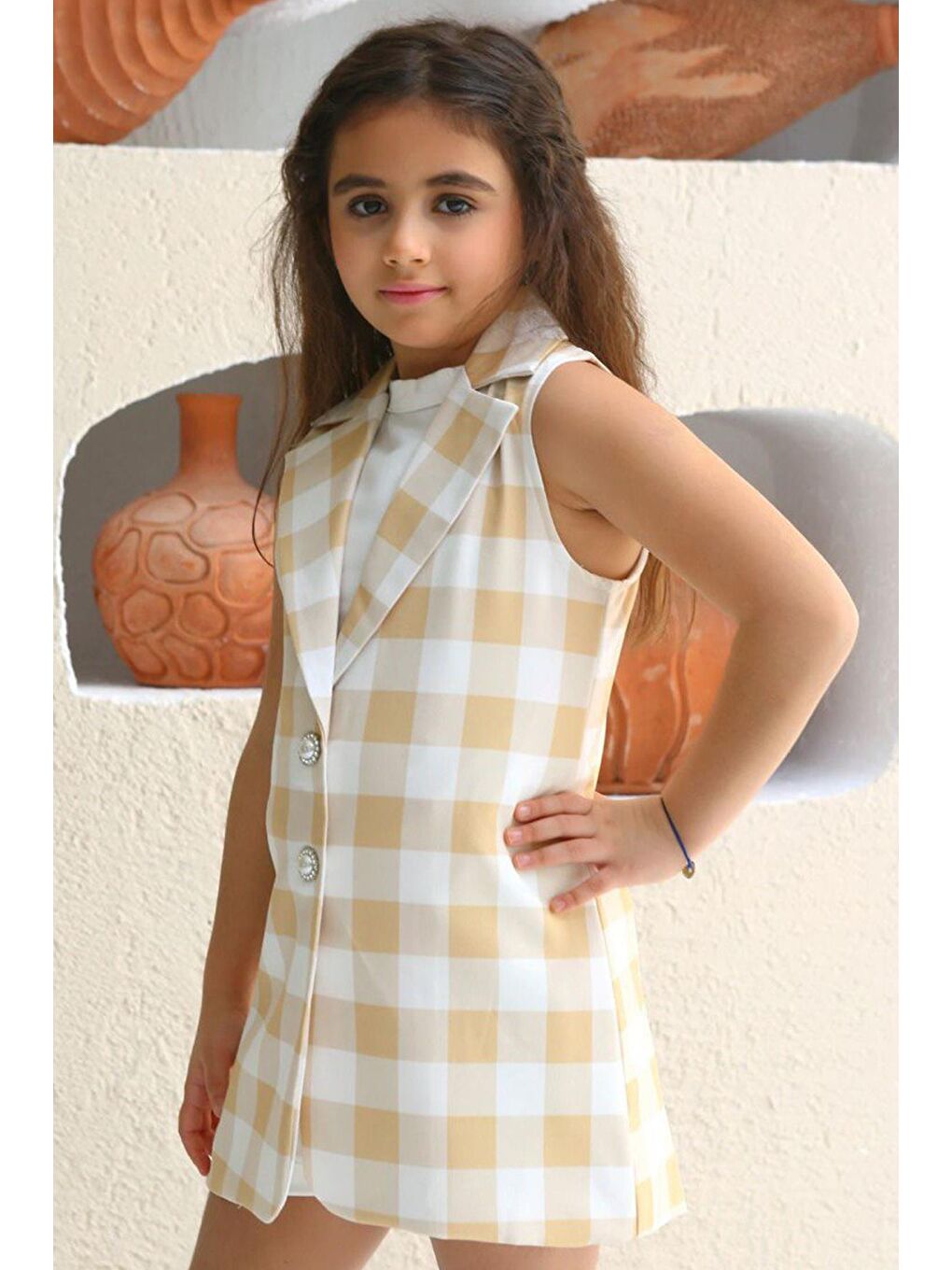 Sarı Kız Çocuk Halter Yaka Ekose Baskılı Düğme Detaylı Hardal Şortlu Takım-1