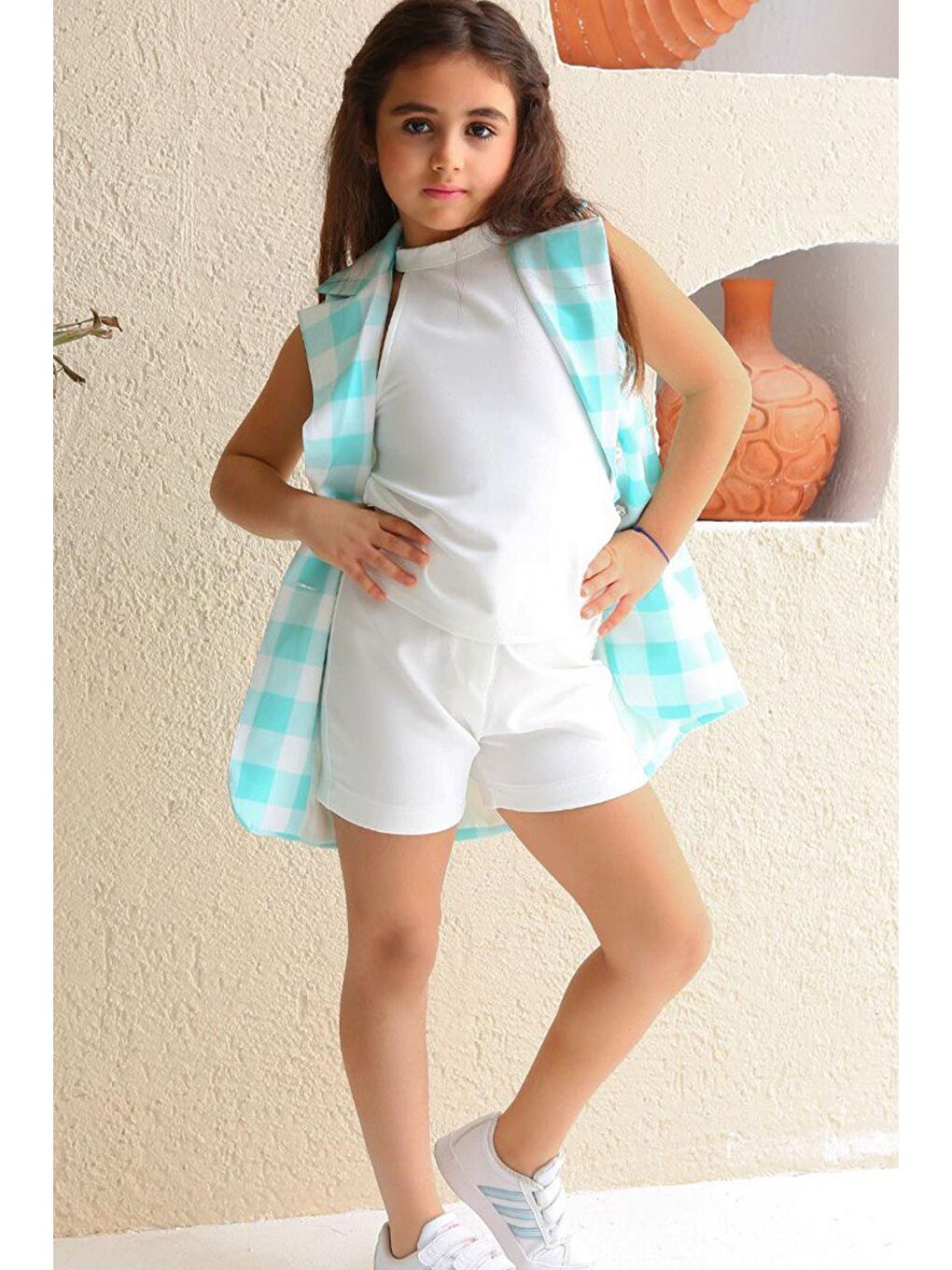 Turkuaz Kız Çocuk Halter Yaka Ekose Baskılı Düğme Detaylı Su Yeşili Şortlu Takım-1