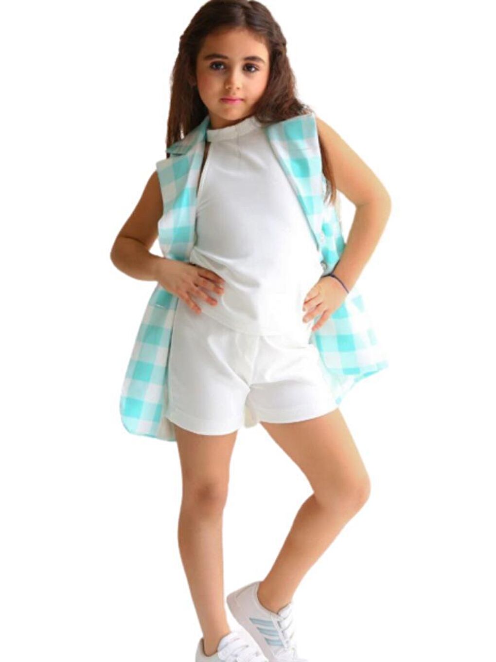 Turkuaz Kız Çocuk Halter Yaka Ekose Baskılı Düğme Detaylı Su Yeşili Şortlu Takım-2