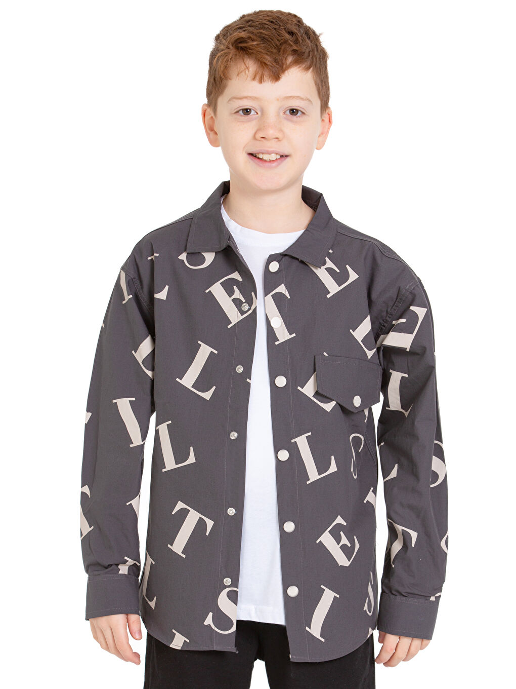 Gri Erkek Çocuk 2'li Takım (%100 Poplin Pamuk Gömlek+Tişört) P1080-1