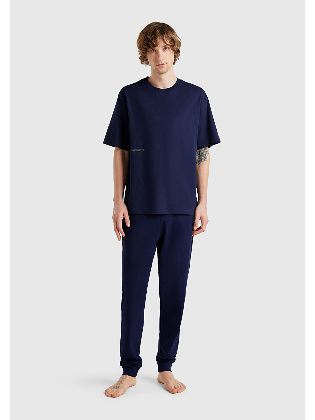Erkek Lacivert %100 Pamuk Benetton Yazılı Tişört-2