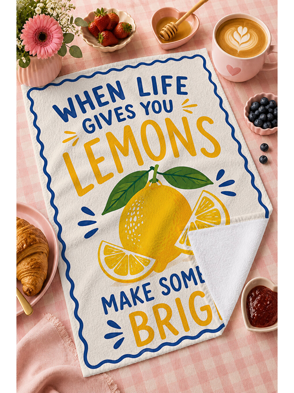 Mavi Kareli Limon Desenli Havlu-1