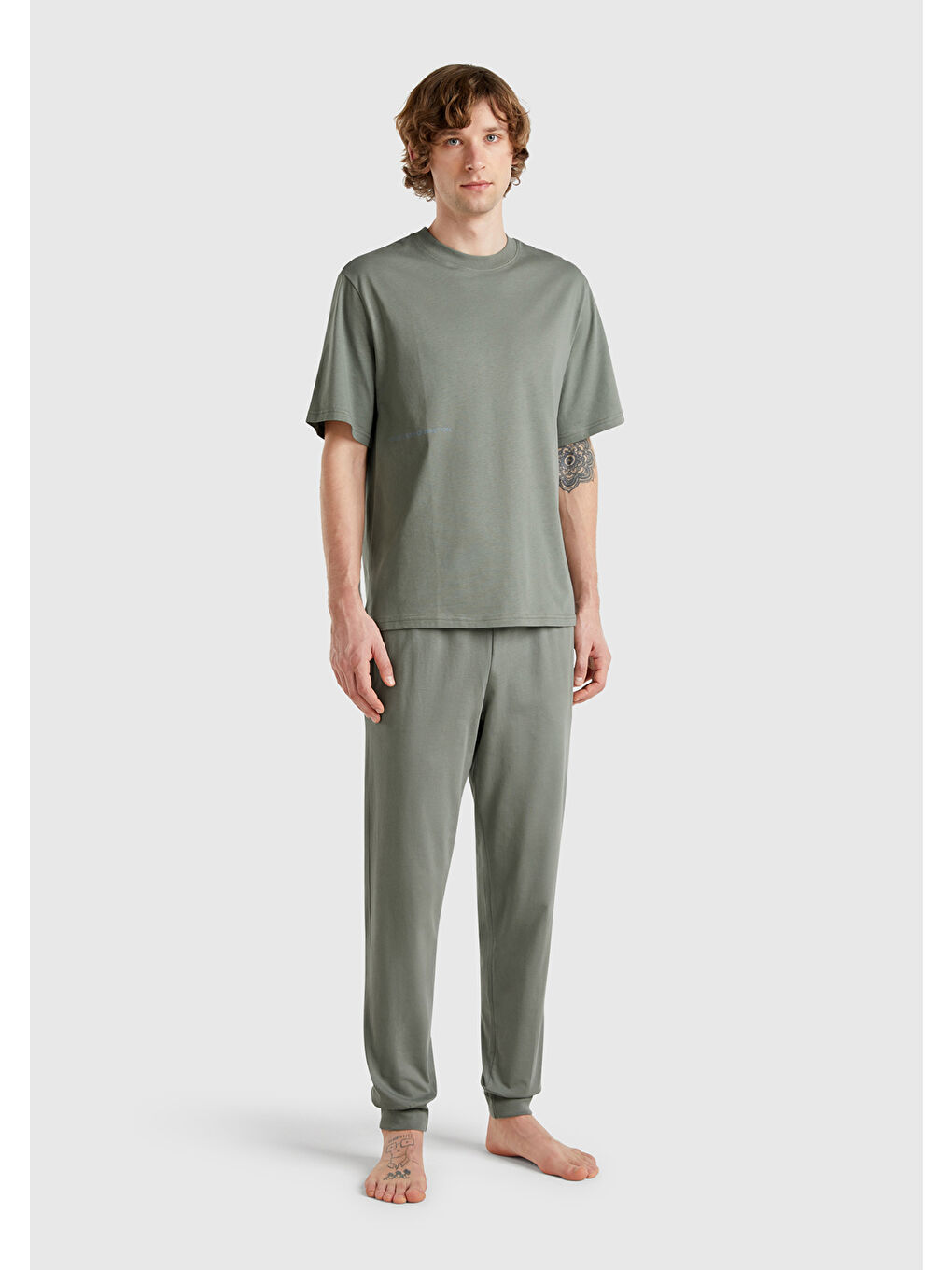 Erkek Soluk Yeşil %100 Pamuk Benetton Yazılı Tişört-2