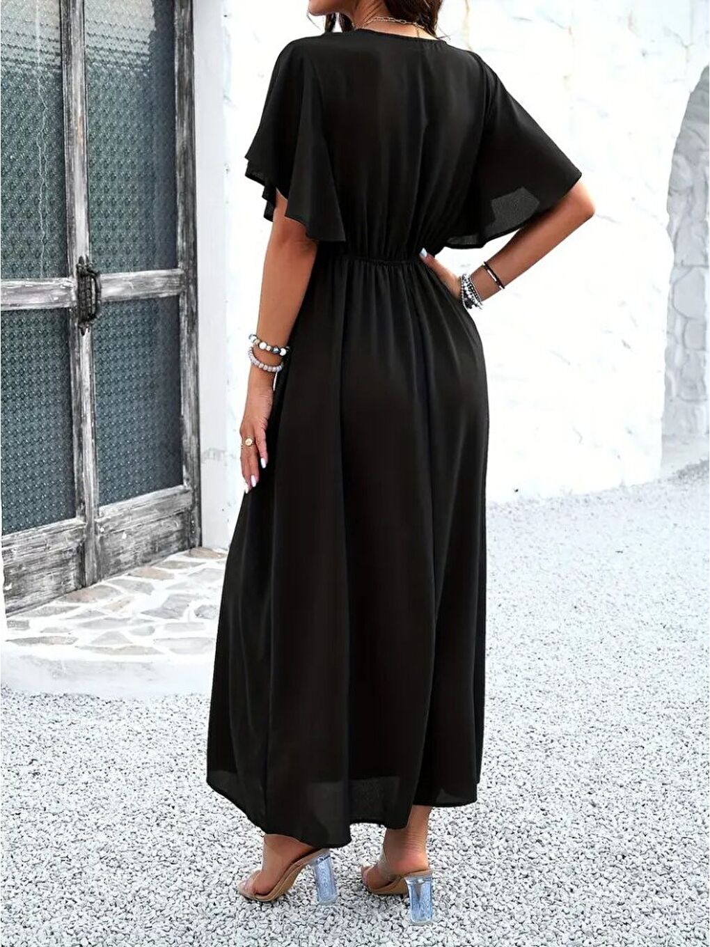 Siyah Kadın Kısa Kollu V Yakalı Beli Lastikli Uzun Viskon Elbise-1