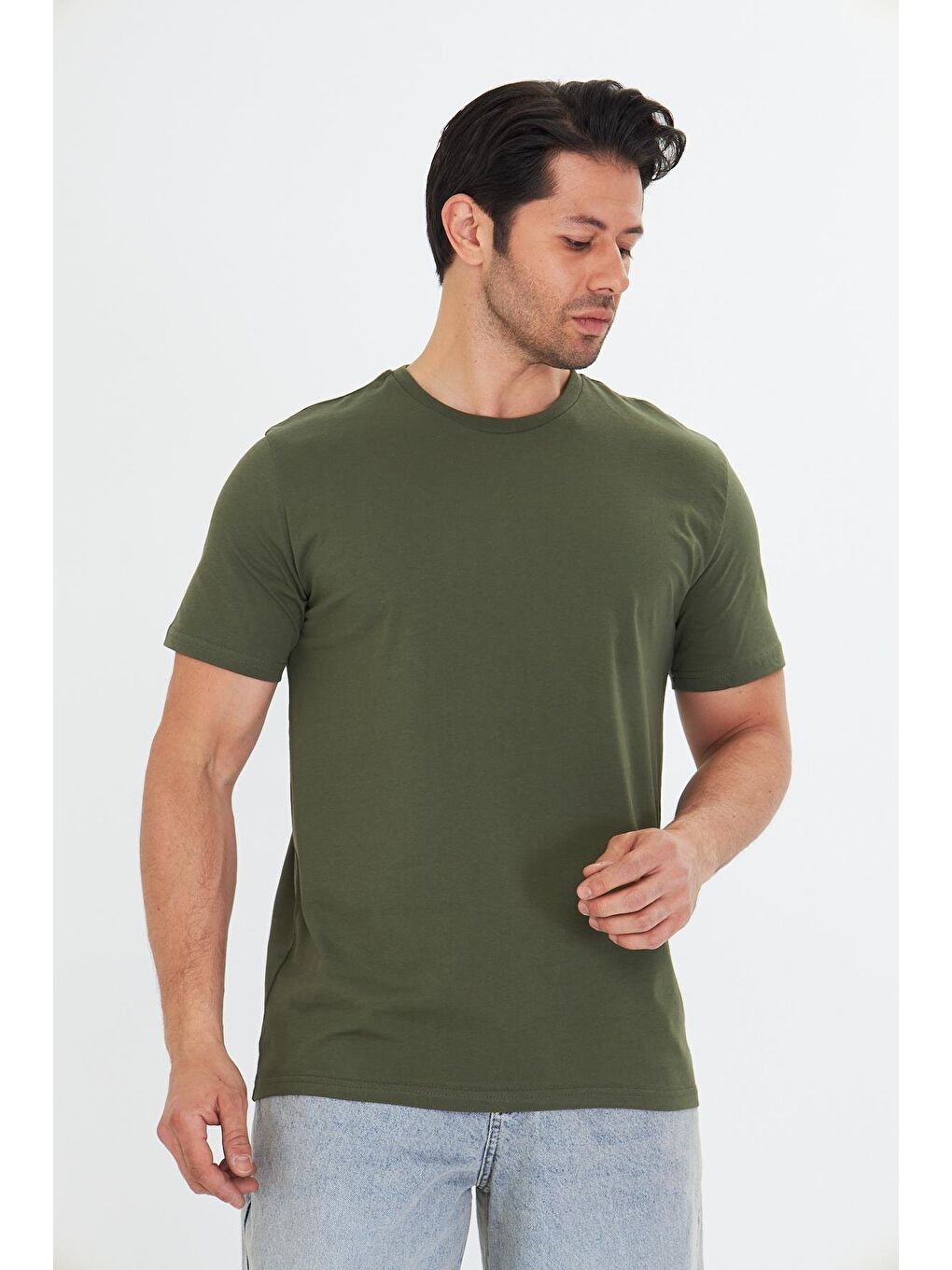 Erkek Büyük Beden Pamuklu Bisiklet Yaka Tişört Haki 5014B-H