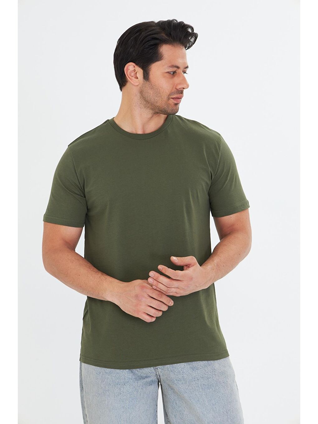 Erkek Büyük Beden Pamuklu Bisiklet Yaka Tişört Haki 5014B-H-2