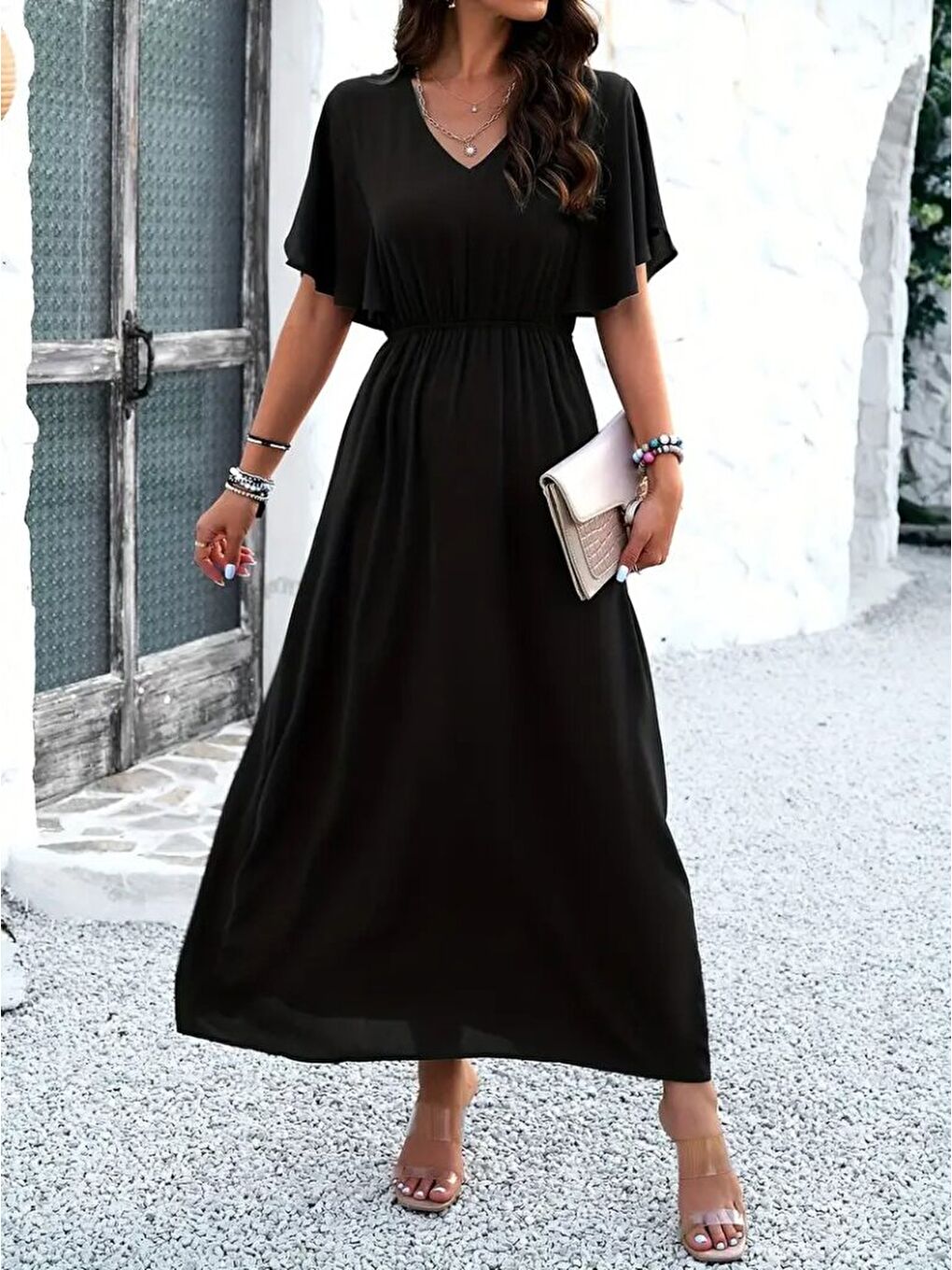 Siyah Kadın Kısa Kollu V Yakalı Beli Lastikli Uzun Viskon Elbise-3