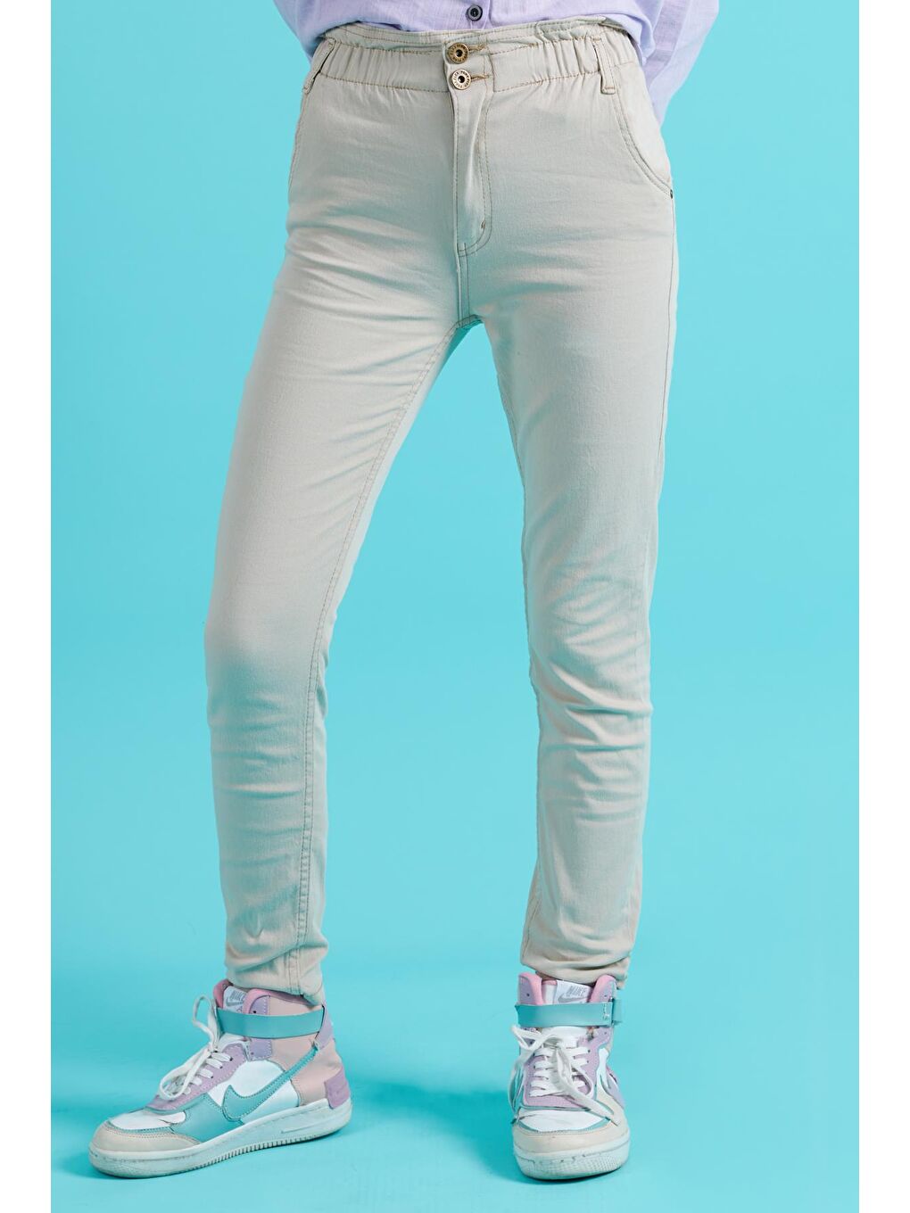 Bej Kız Çocuk Beli Lastikli Keten Pantolon 8-16 Yaş 13805-1