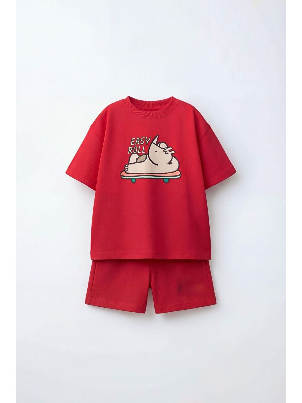 Erkek Çocuk Pamuklu Gergedan Baskılı Kırmızı T-Shirt Şort Takım