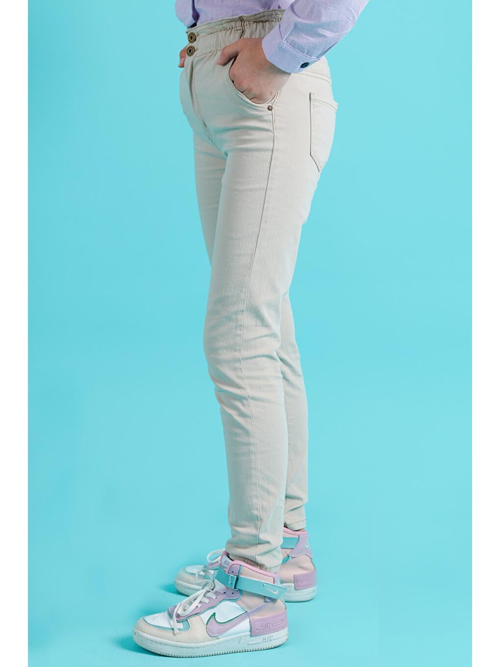 Bej Kız Çocuk Beli Lastikli Keten Pantolon 8-16 Yaş 13805-2