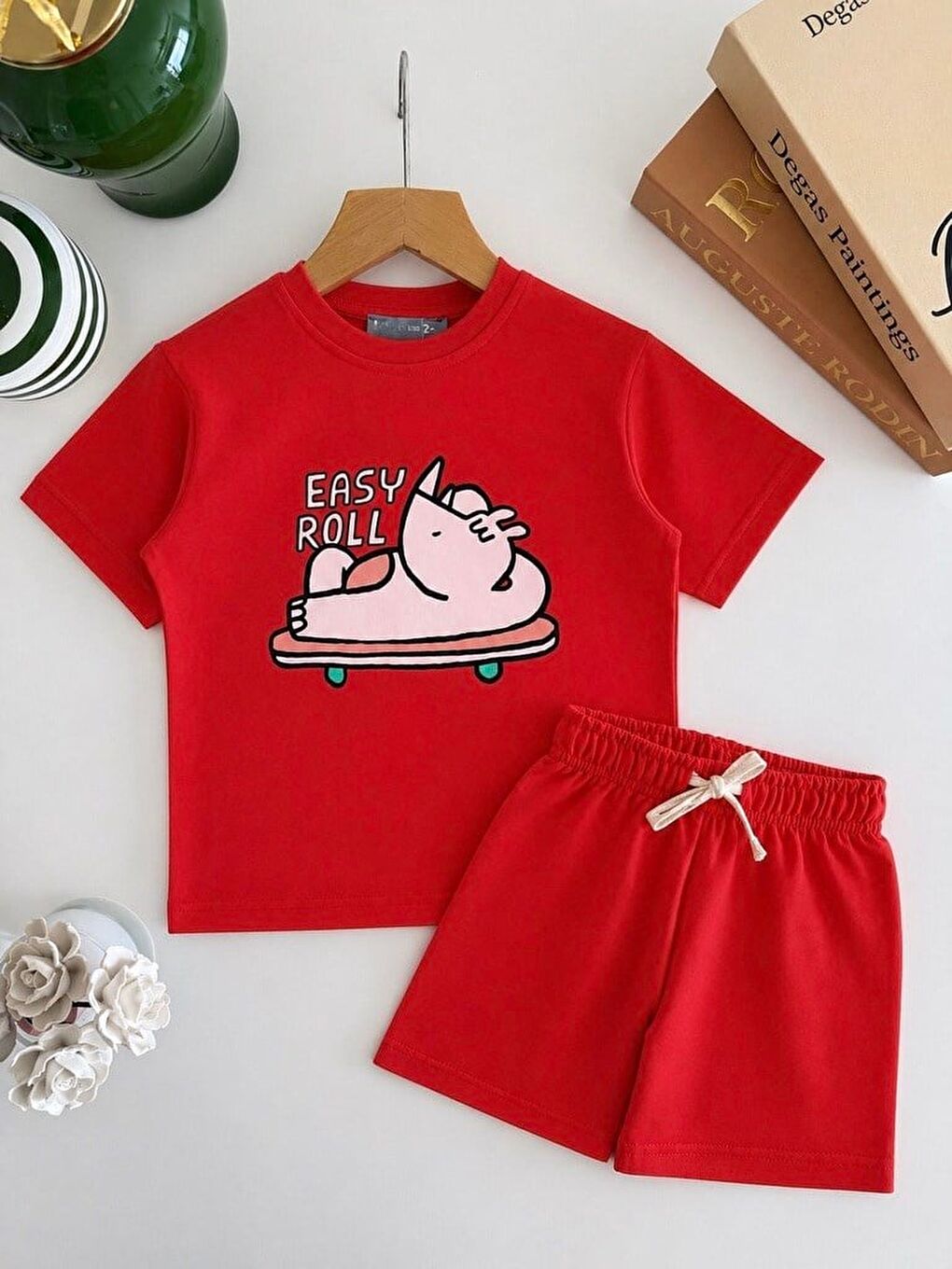 Erkek Çocuk Pamuklu Gergedan Baskılı Kırmızı T-Shirt Şort Takım-2