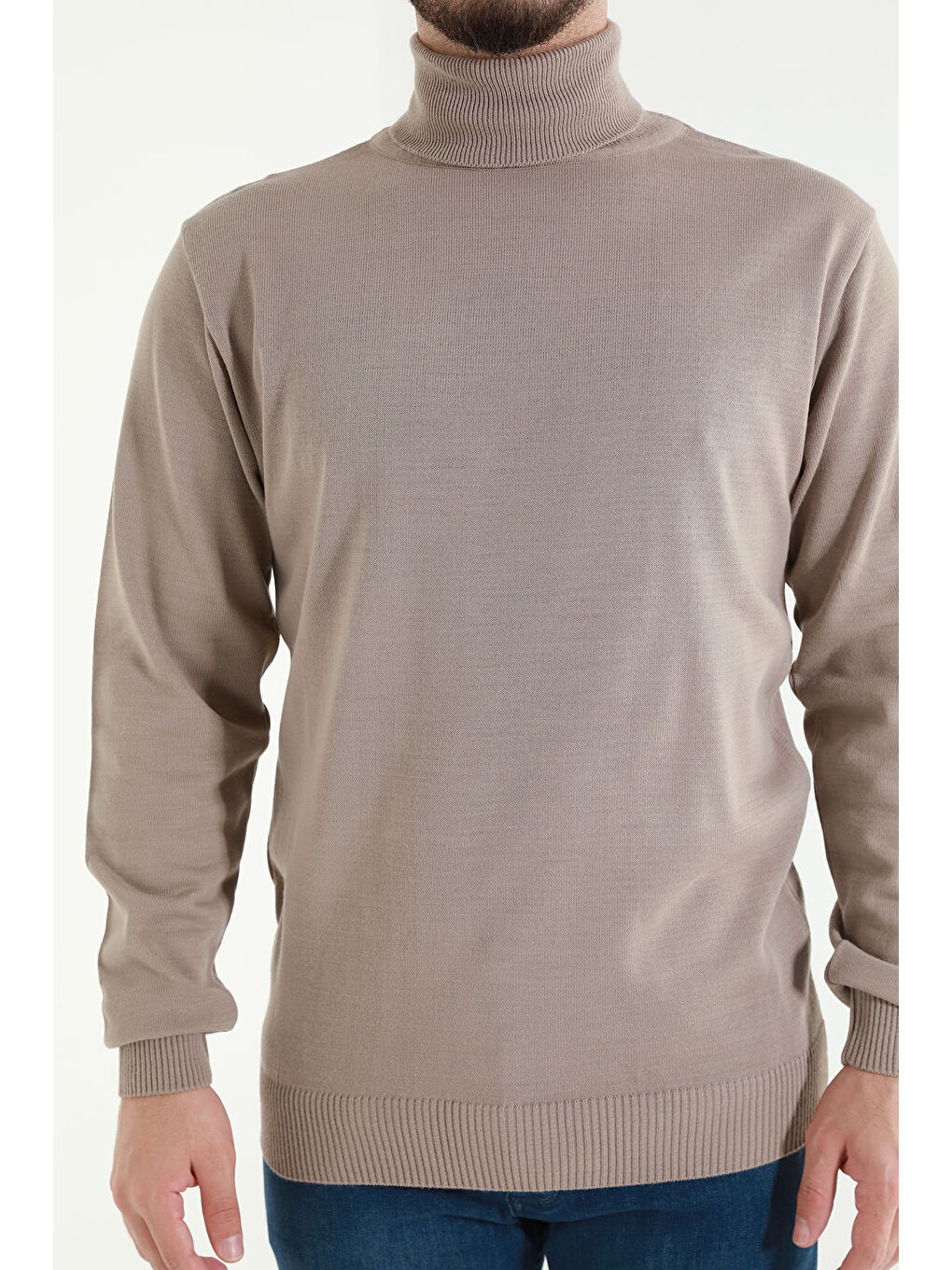 Bej Erkek Balıkçı Yaka Triko Kazak-5