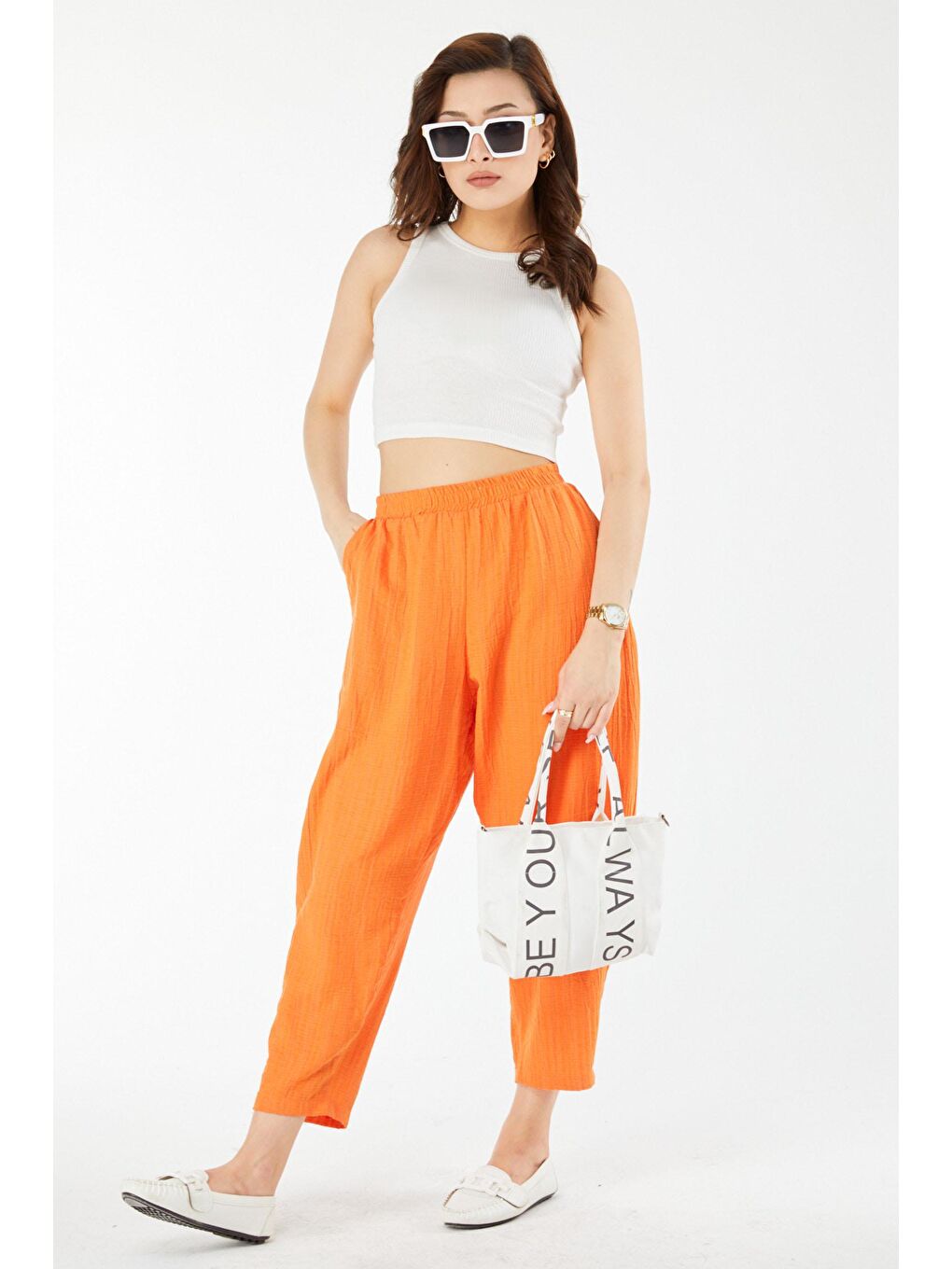 Bisiklet Yaka Kadın Beyaz Kısa Kollu Crop - 24438