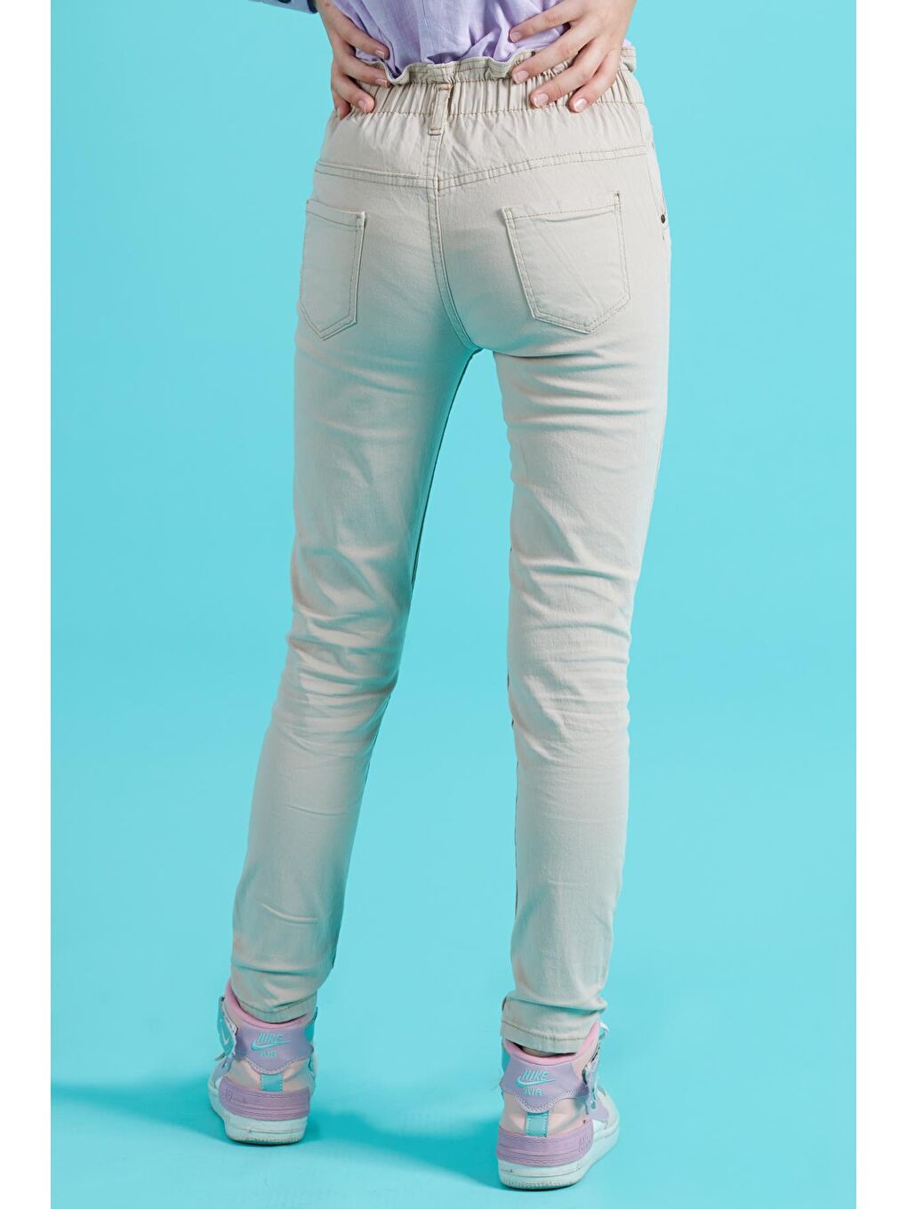 Bej Kız Çocuk Beli Lastikli Keten Pantolon 8-16 Yaş 13805-4