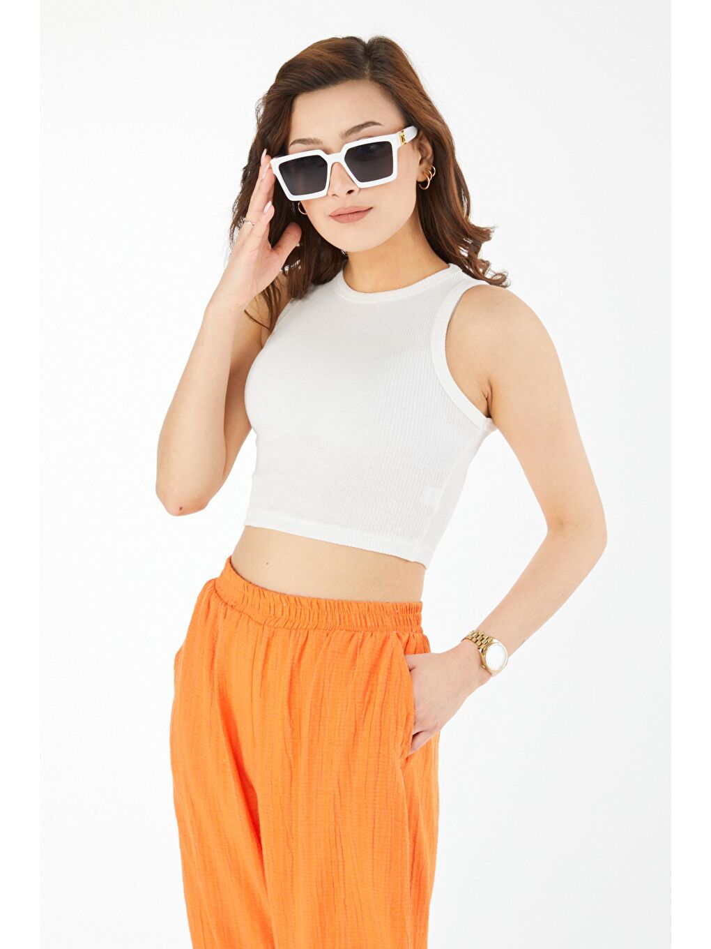 Bisiklet Yaka Kadın Beyaz Kısa Kollu Crop - 24438-1