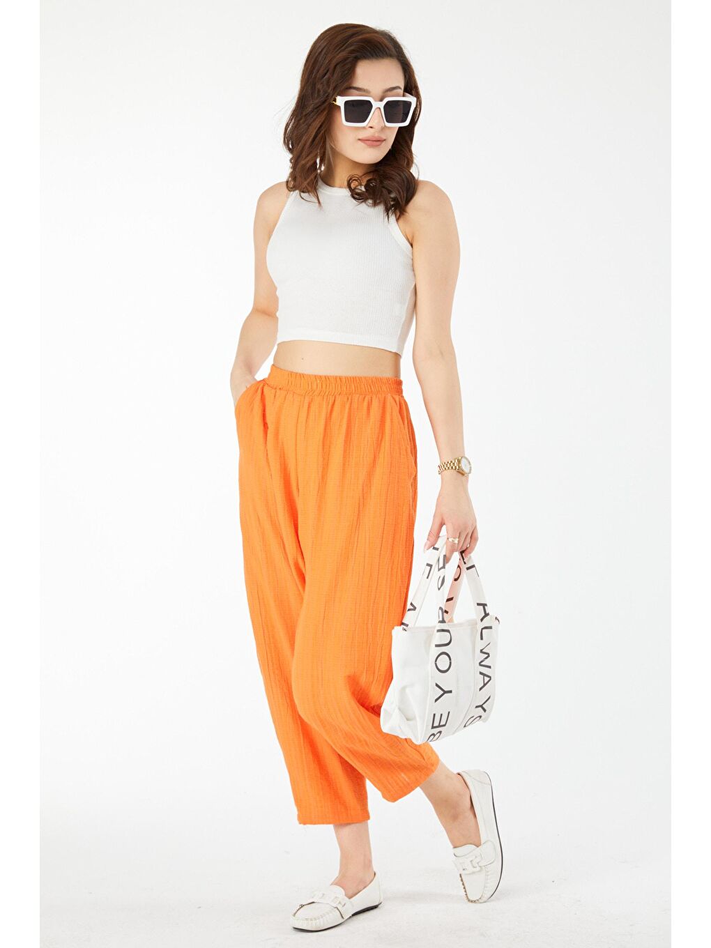 Bisiklet Yaka Kadın Beyaz Kısa Kollu Crop - 24438-3