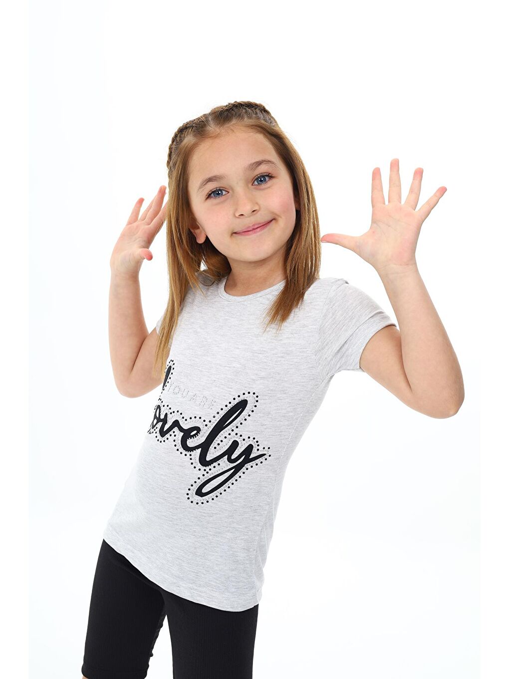 Gri Kız Çocuk Taş Süsleme Yazı Baskılı T-Shirt 3-13 Yaş Zu110-1
