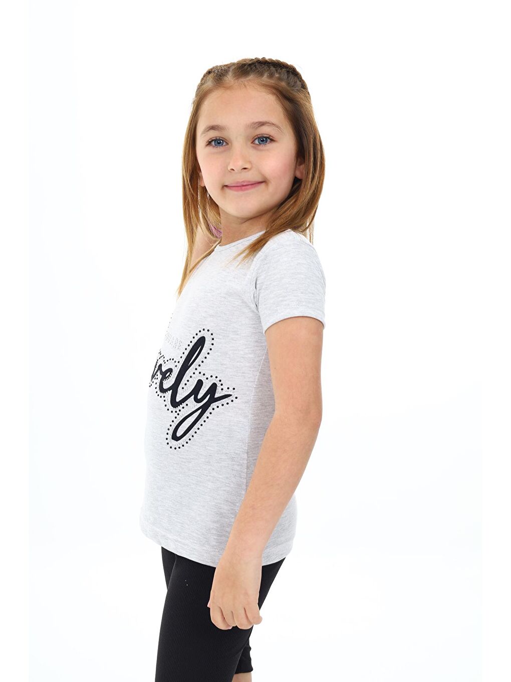Gri Kız Çocuk Taş Süsleme Yazı Baskılı T-Shirt 3-13 Yaş Zu110-1-1
