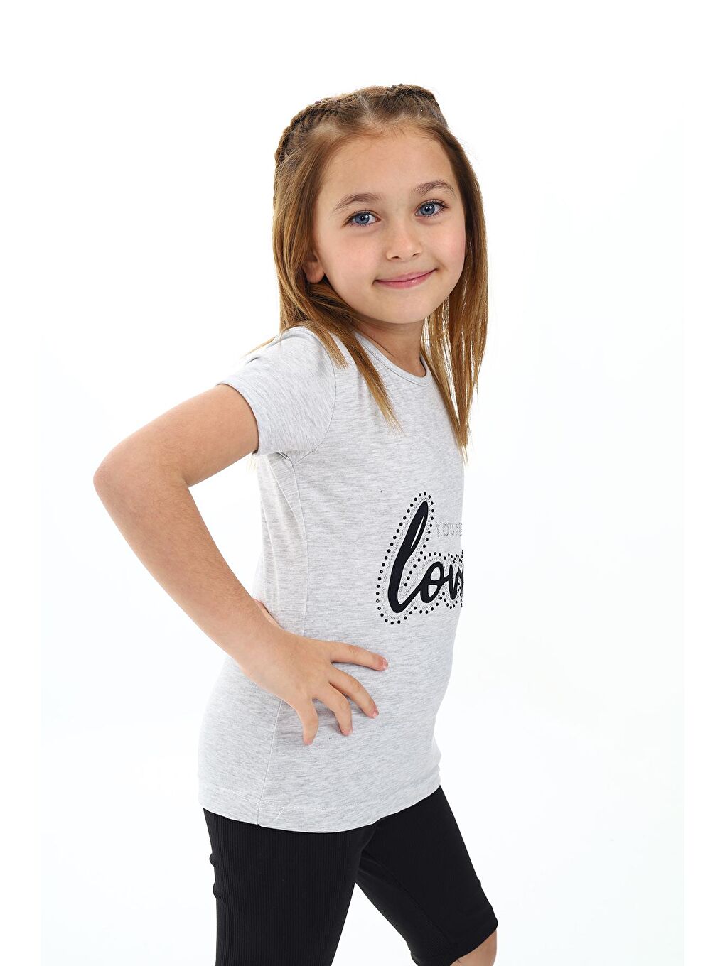 Gri Kız Çocuk Taş Süsleme Yazı Baskılı T-Shirt 3-13 Yaş Zu110-1-2