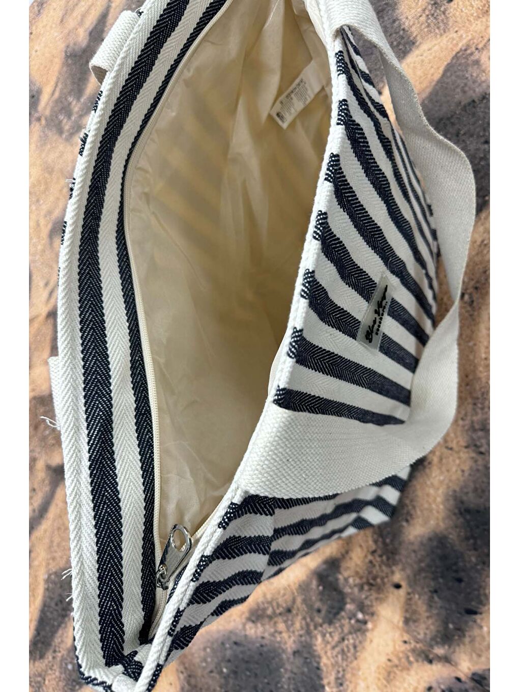 Bej Çizgili Pamuklu Plaj Çantası 001 Lacivert02-2