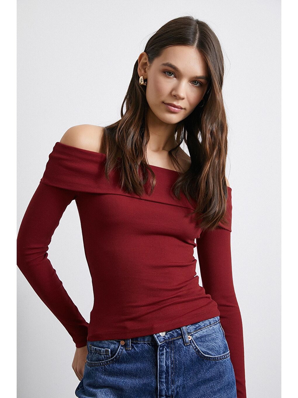 Omzu Açık Kaşkorse Bluz Bordo-1