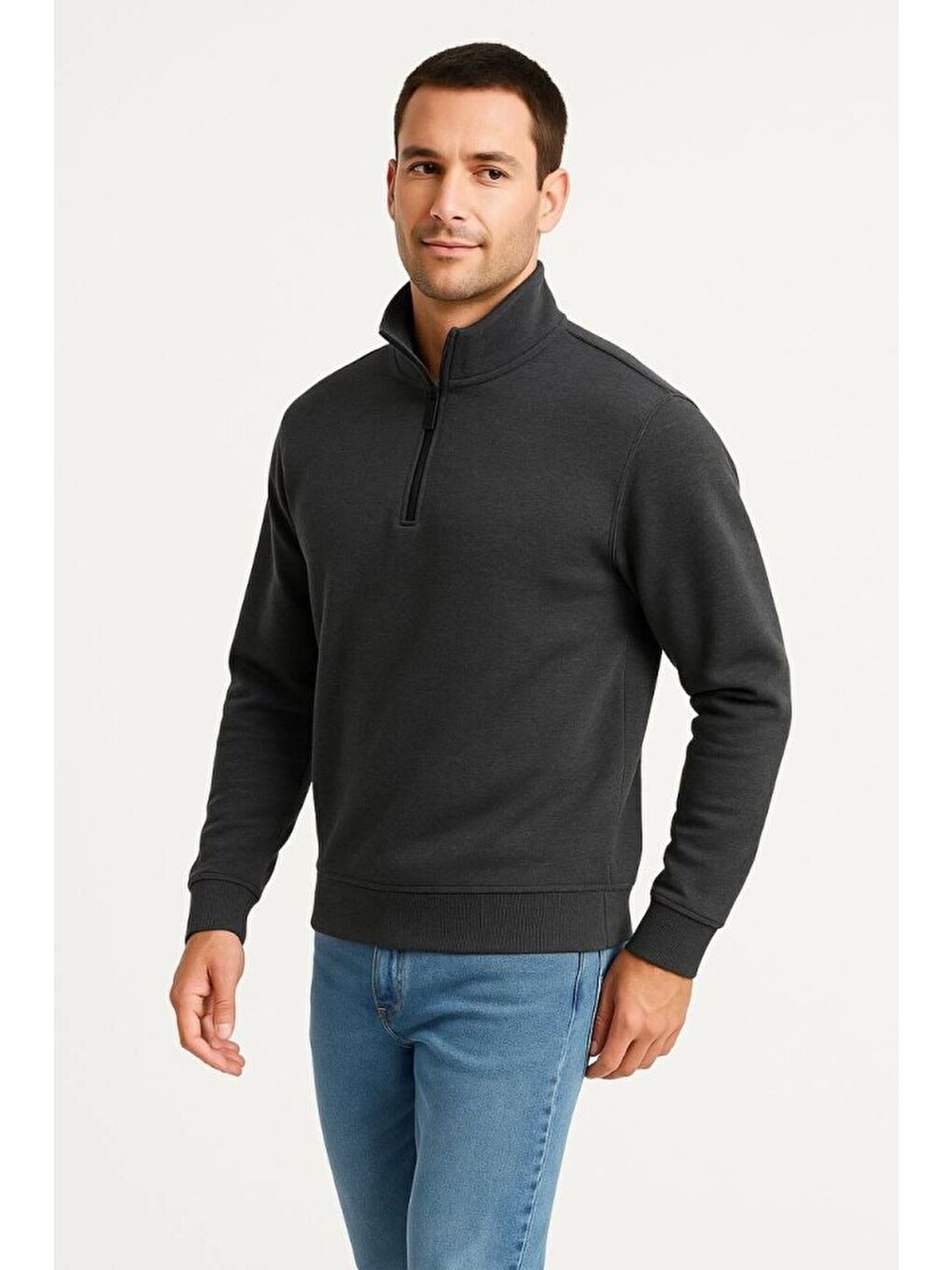 Erkek Dik Yaka Sweatshirt Dik Yaka Yarım Fermuarlı 3 İplik Şardonlu Pamuk Kumaş - Antrasit