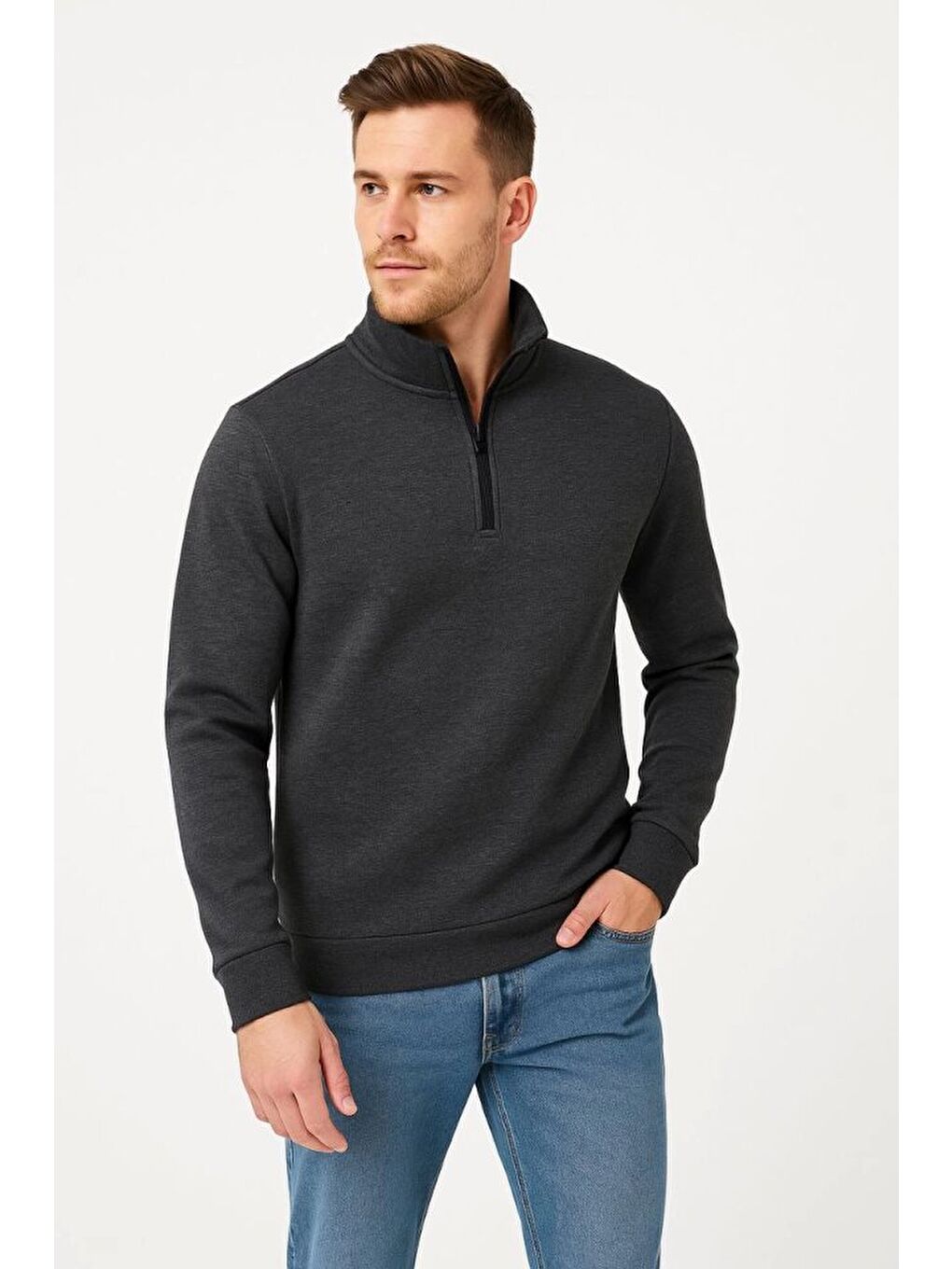 Erkek Dik Yaka Sweatshirt Dik Yaka Yarım Fermuarlı 3 İplik Şardonlu Pamuk Kumaş - Antrasit-1