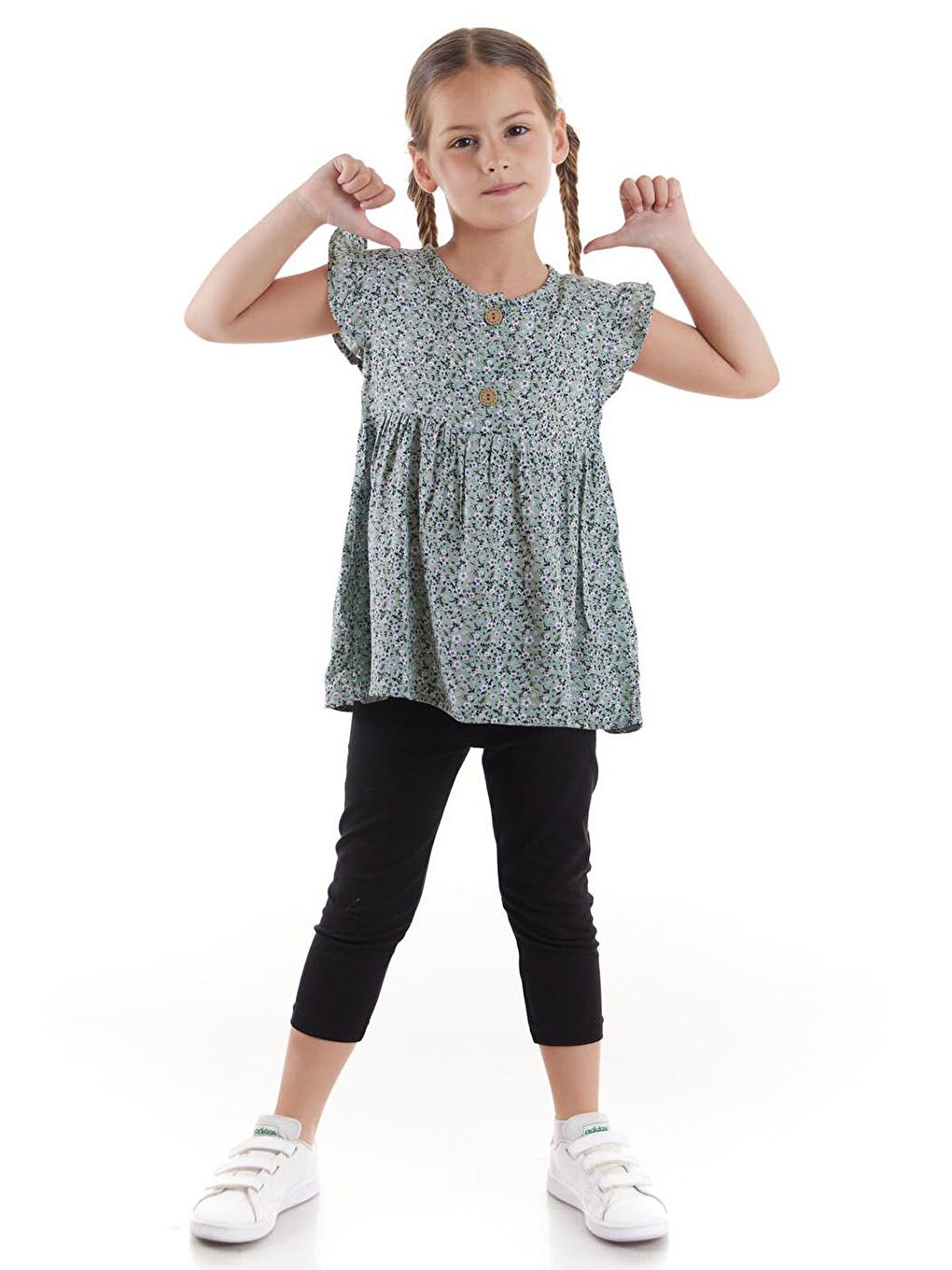 Yeşil Kız Çocuk Takım Vizkon Baskılı Taytlı Alt Üst Takım Pamuklu Ak2522-1