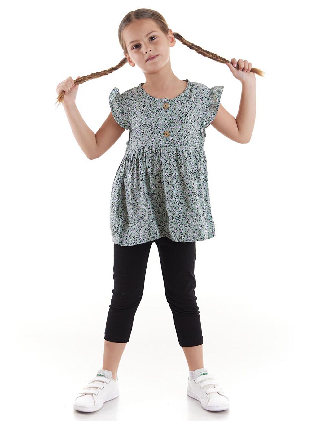 Yeşil Kız Çocuk Takım Vizkon Baskılı Taytlı Alt Üst Takım Pamuklu Ak2522-2