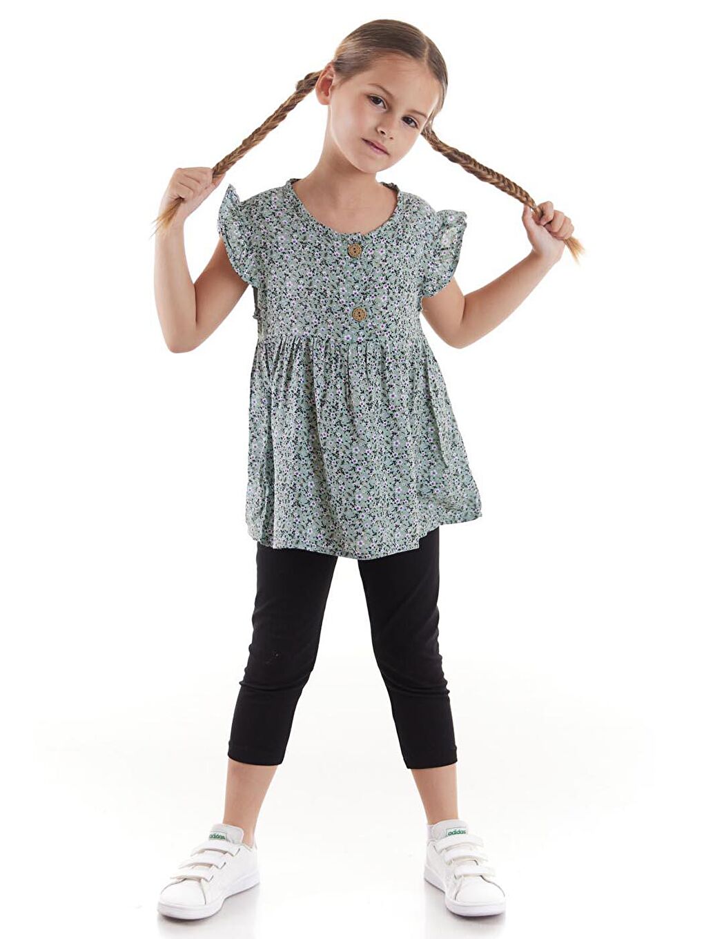 Yeşil Kız Çocuk Takım Vizkon Baskılı Taytlı Alt Üst Takım Pamuklu Ak2522-3