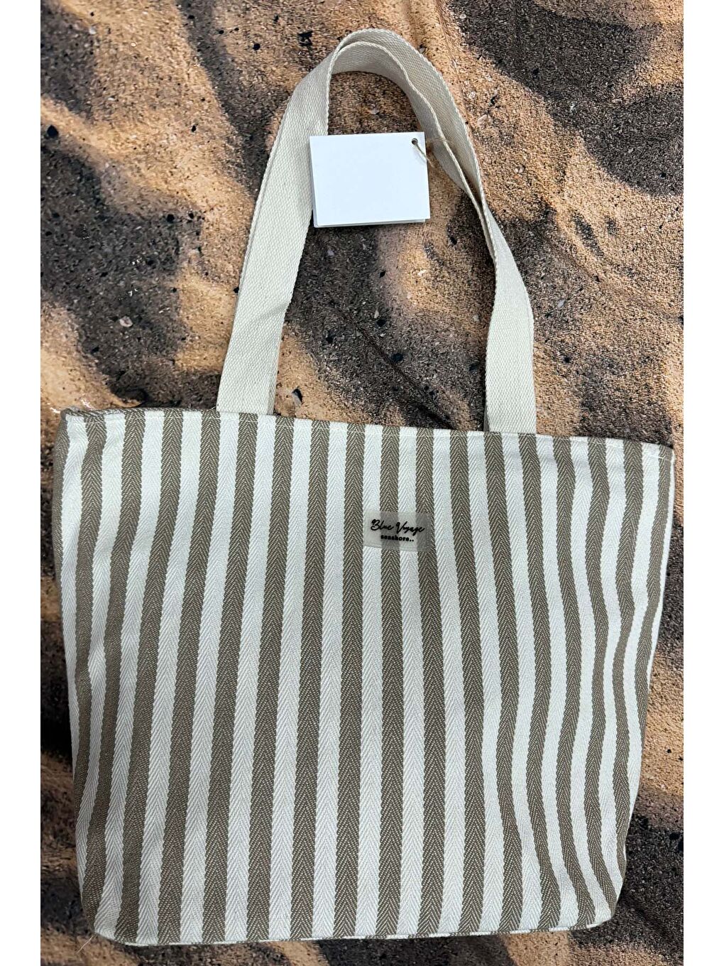 Çizgili Pamuklu Plaj Çantası 001 Bej-1