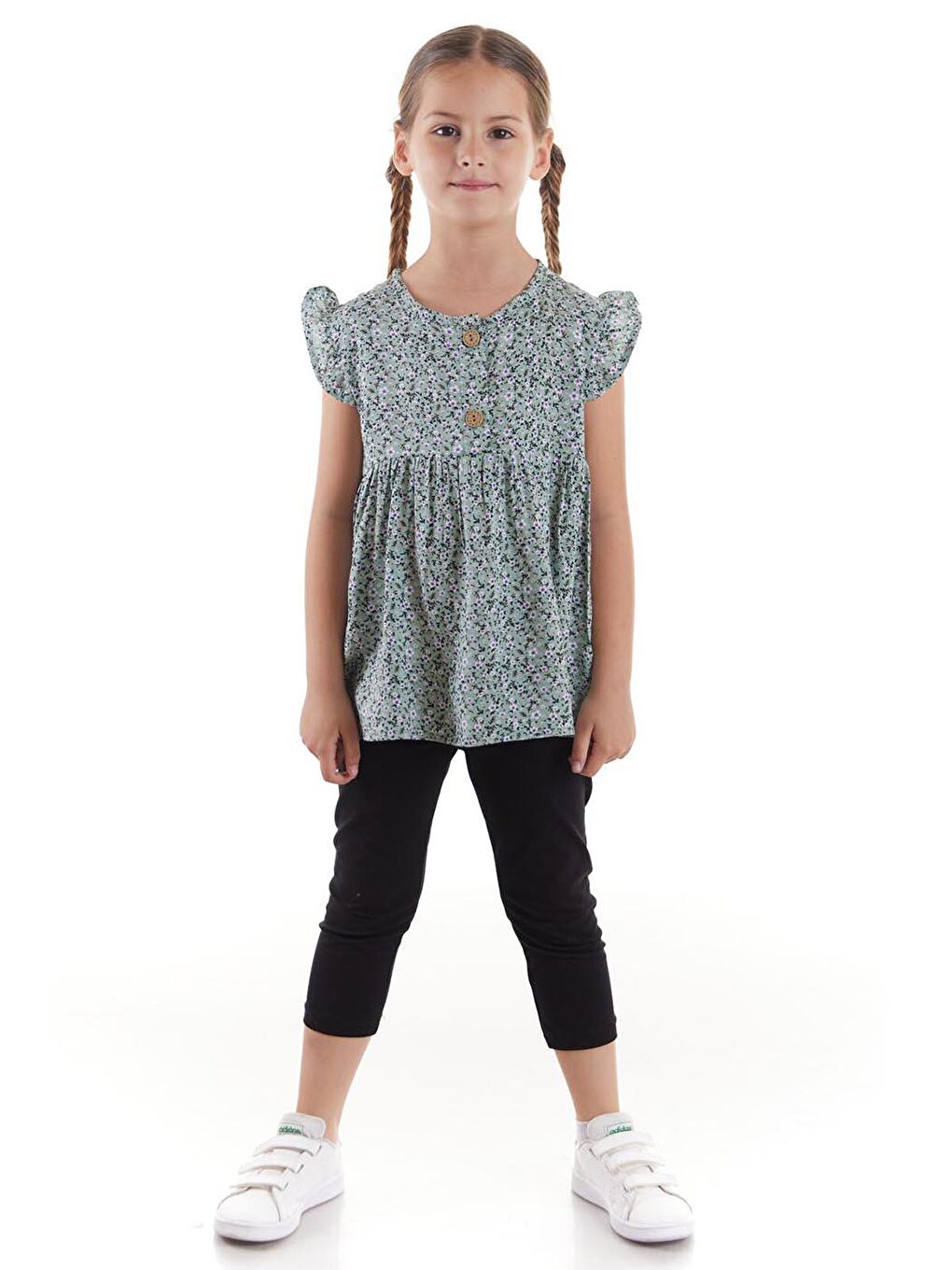 Yeşil Kız Çocuk Takım Vizkon Baskılı Taytlı Alt Üst Takım Pamuklu Ak2522-4