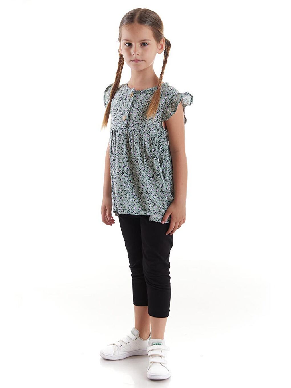 Yeşil Kız Çocuk Takım Vizkon Baskılı Taytlı Alt Üst Takım Pamuklu Ak2522-5