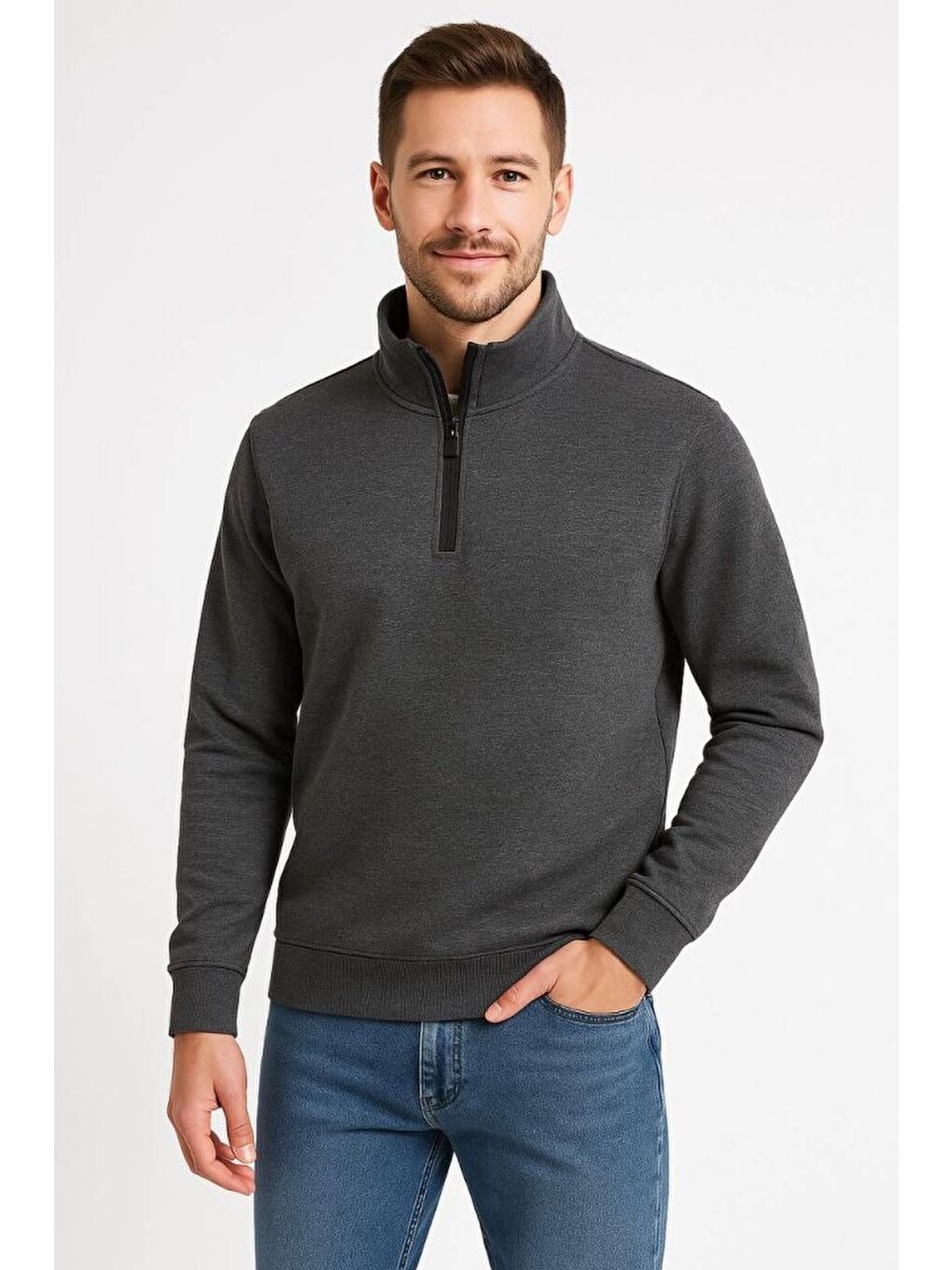 Erkek Dik Yaka Sweatshirt Dik Yaka Yarım Fermuarlı 3 İplik Şardonlu Pamuk Kumaş - Antrasit-2