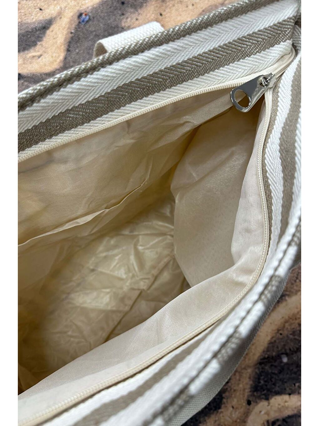 Çizgili Pamuklu Plaj Çantası 001 Bej-2