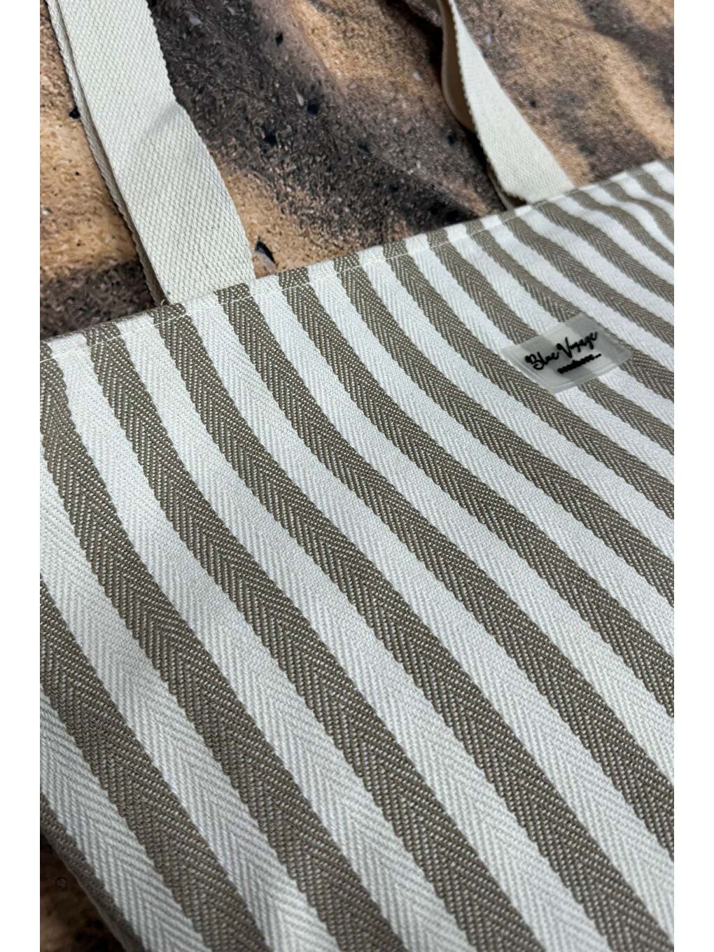 Çizgili Pamuklu Plaj Çantası 001 Bej-3