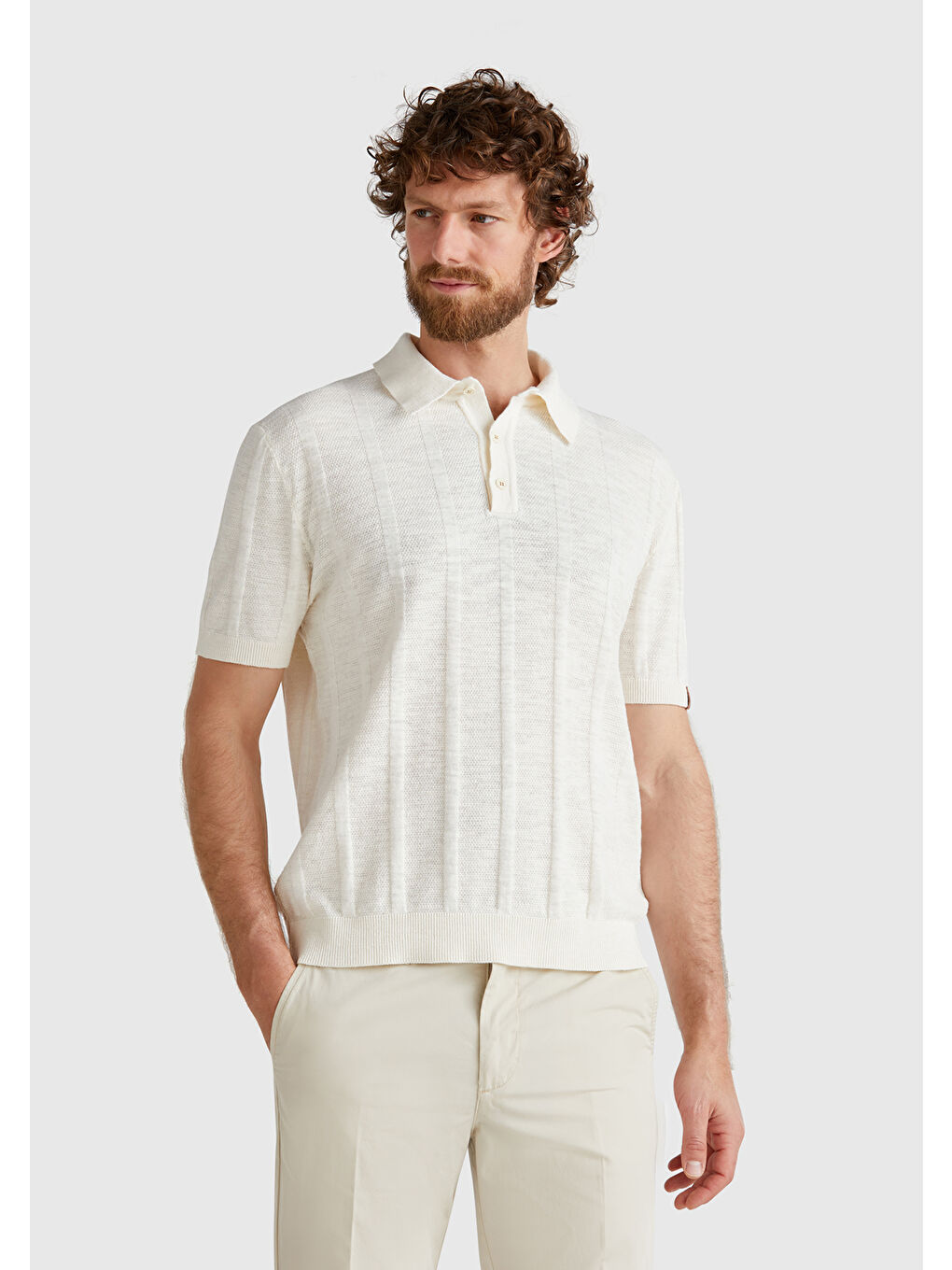 Ekru Erkek Krem Pamuk Karışımlı Kontrastlı Düğmeli Regular Fit Triko Polo T-Shirt