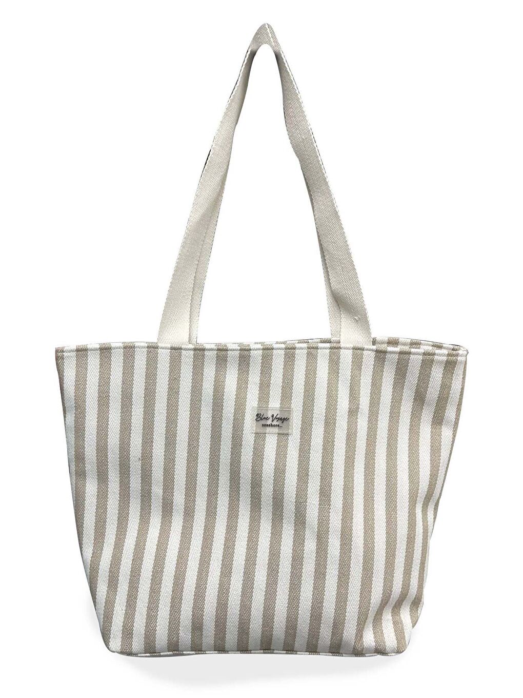 Çizgili Pamuklu Plaj Çantası 001 Bej-4