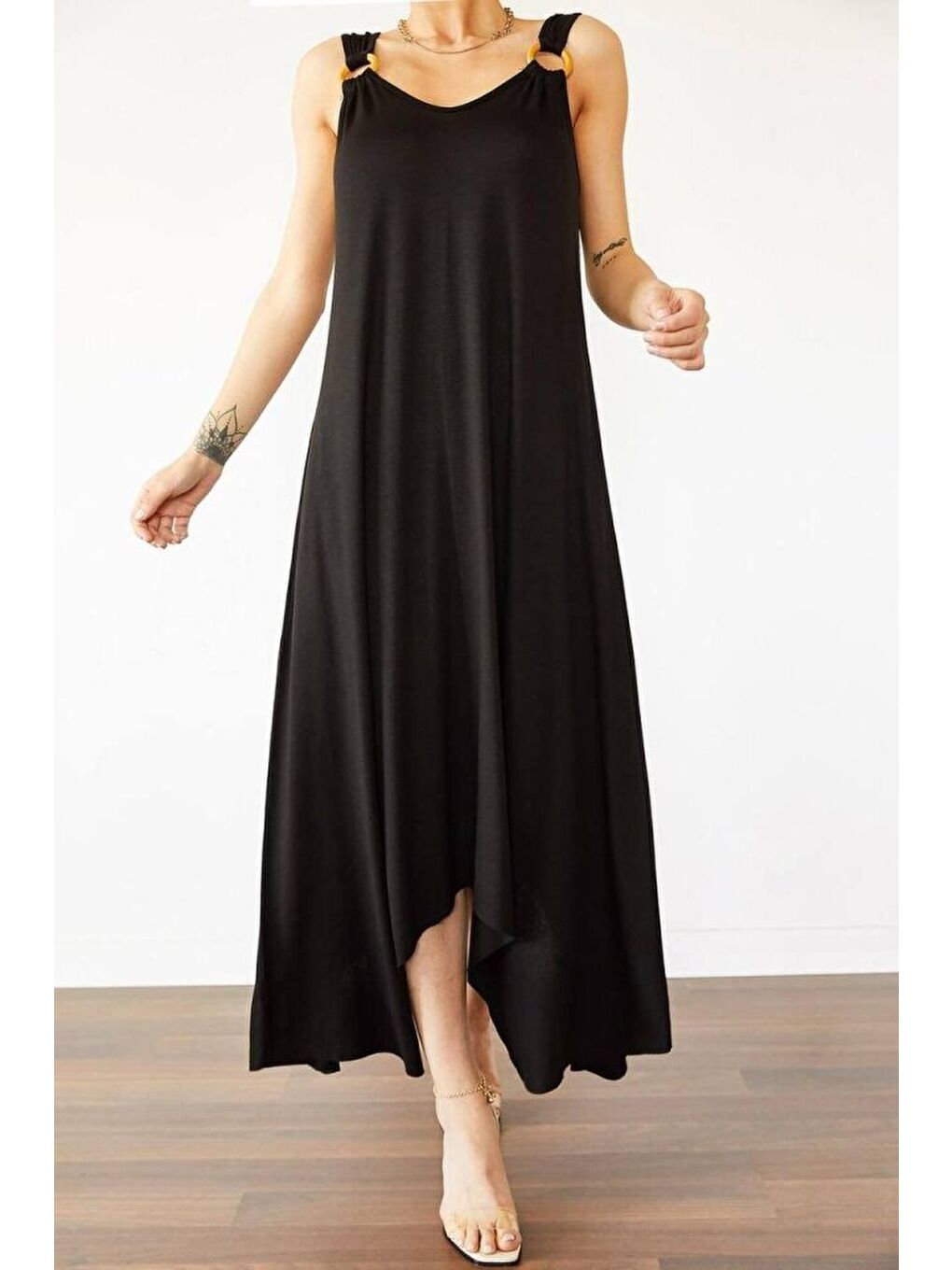 Siyah Kadın çan Dokuma Kumaş V Yaka Asimetrik Kesim Elbise-1