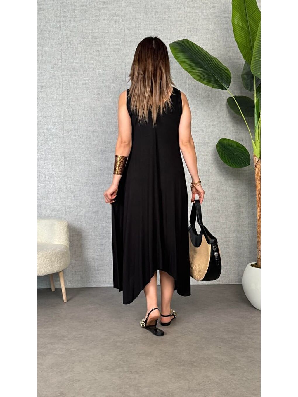 Siyah Kadın çan Dokuma Kumaş V Yaka Asimetrik Kesim Elbise-2