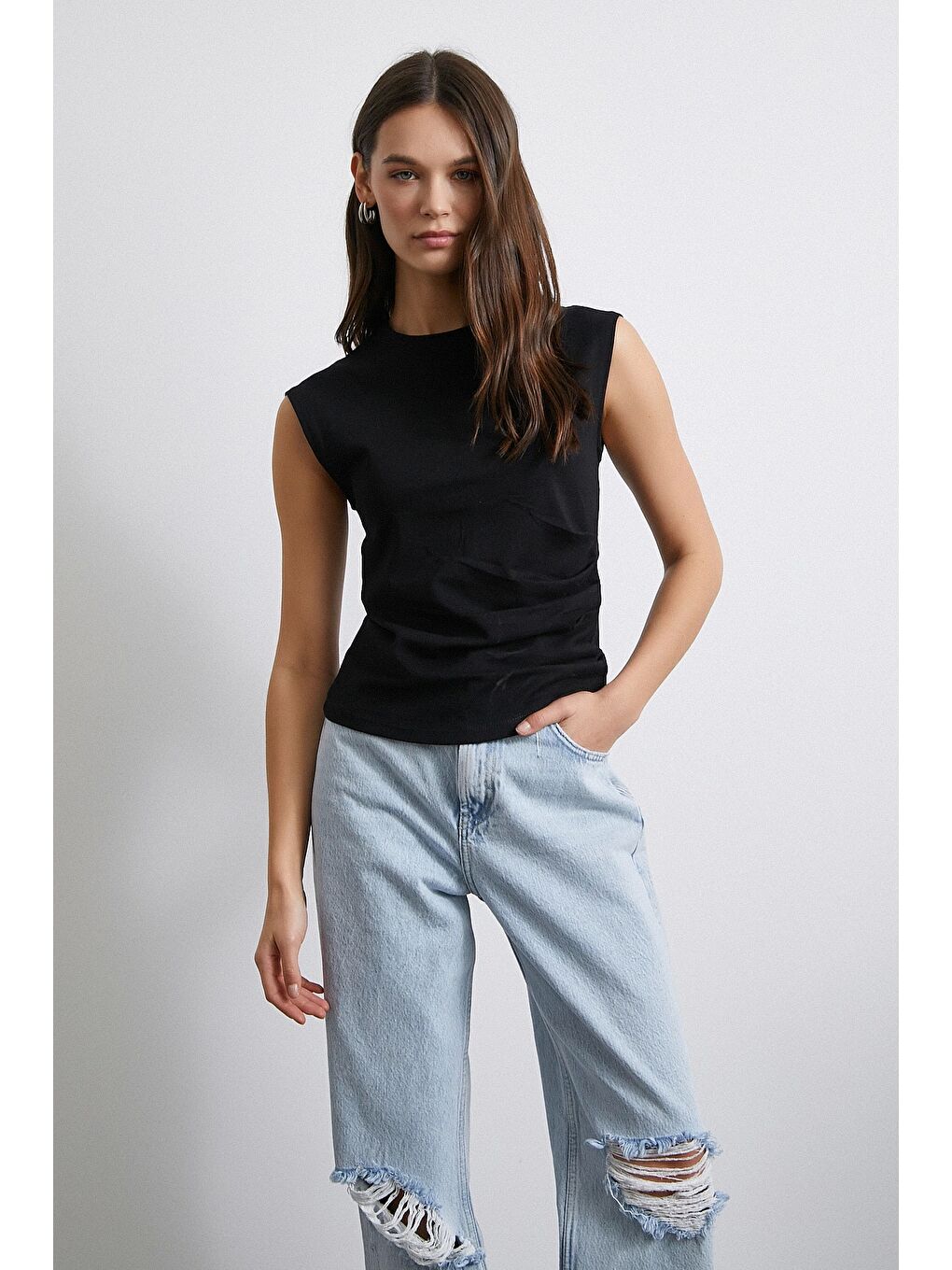 Yanı Büzgülü Tişört Siyah