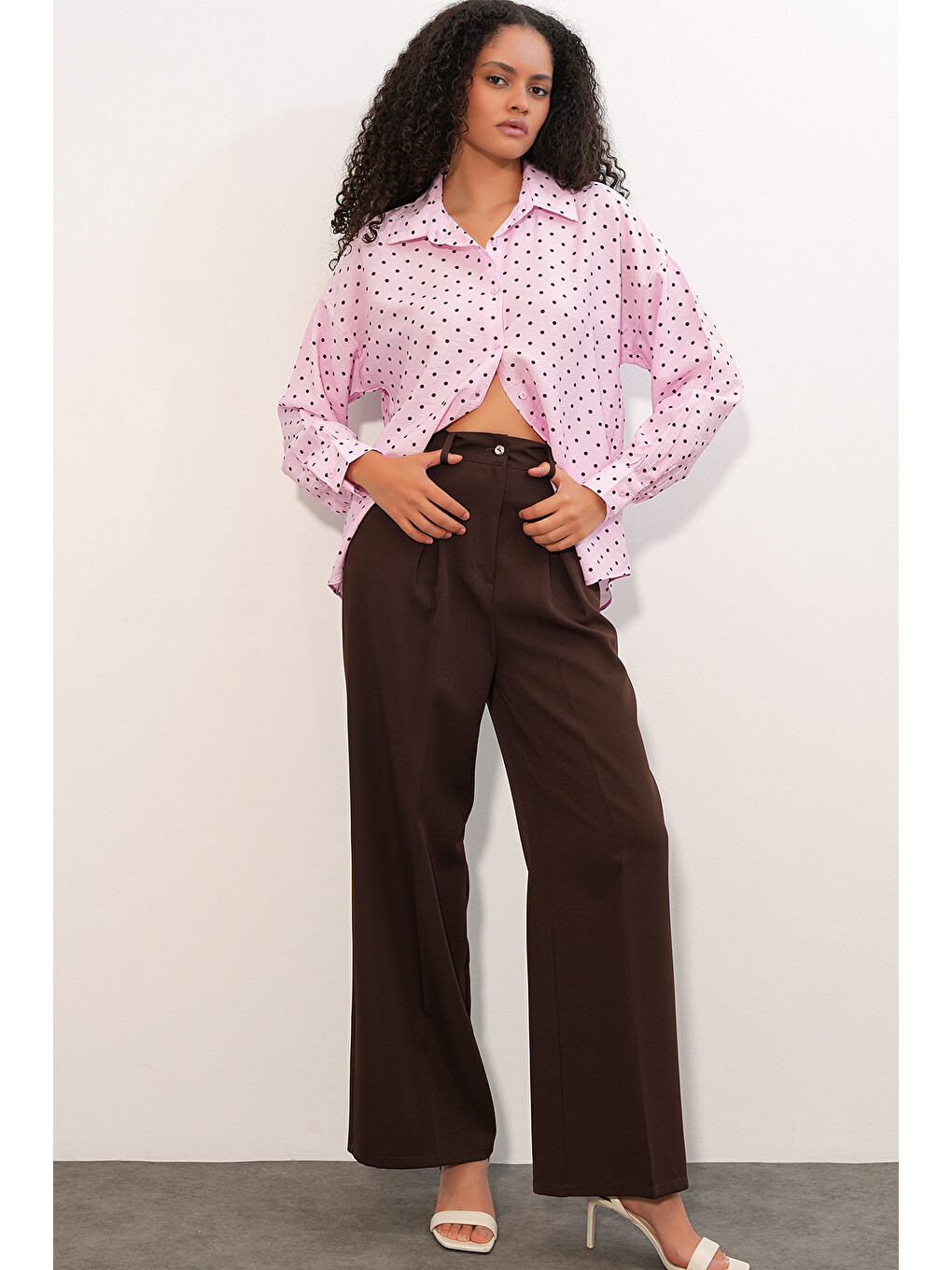 Kadın Oversize Puantiyeli Gömlek 20392 - Pembe-1