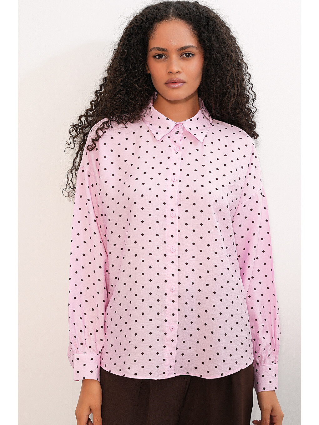 Kadın Oversize Puantiyeli Gömlek 20392 - Pembe-2